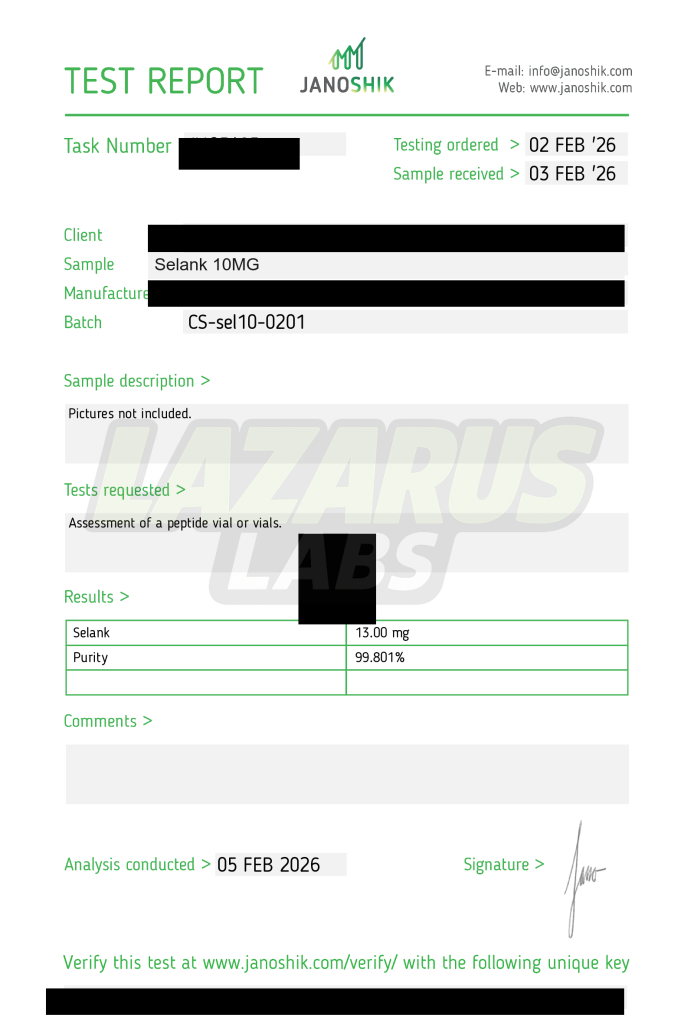 Certificate preview for Selank 10MG, batch LL-SELANK-0125.