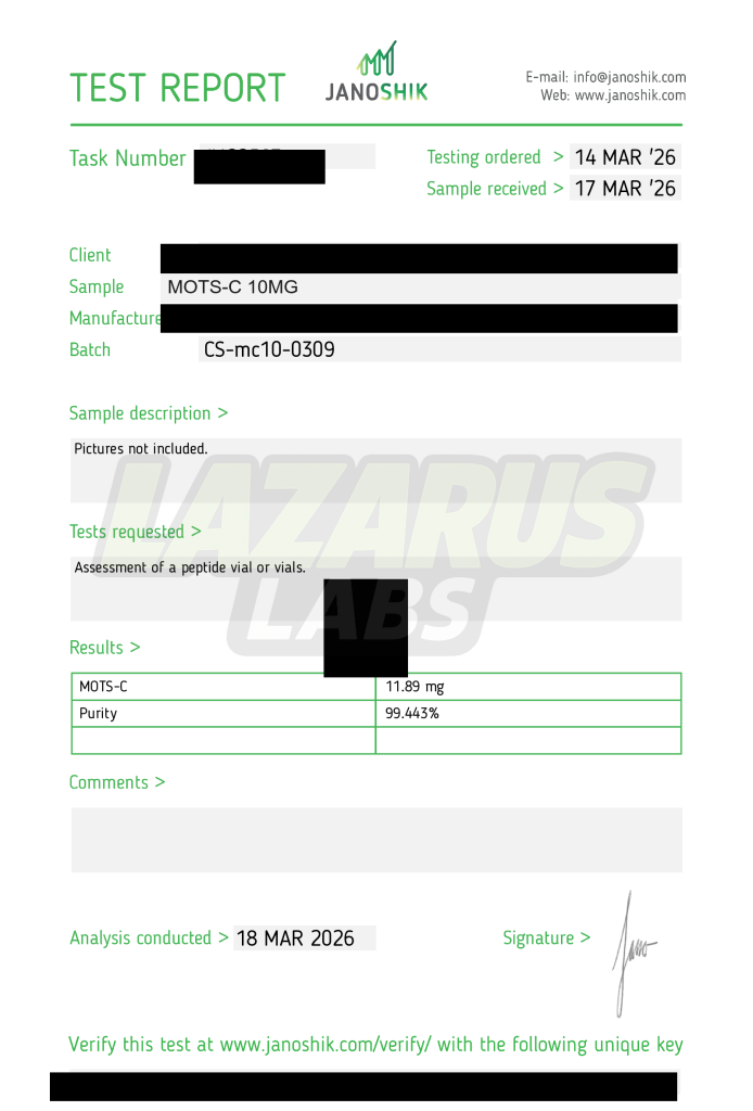 Certificate preview for MOTS-C 10MG, batch LL-MOTSC-0125.