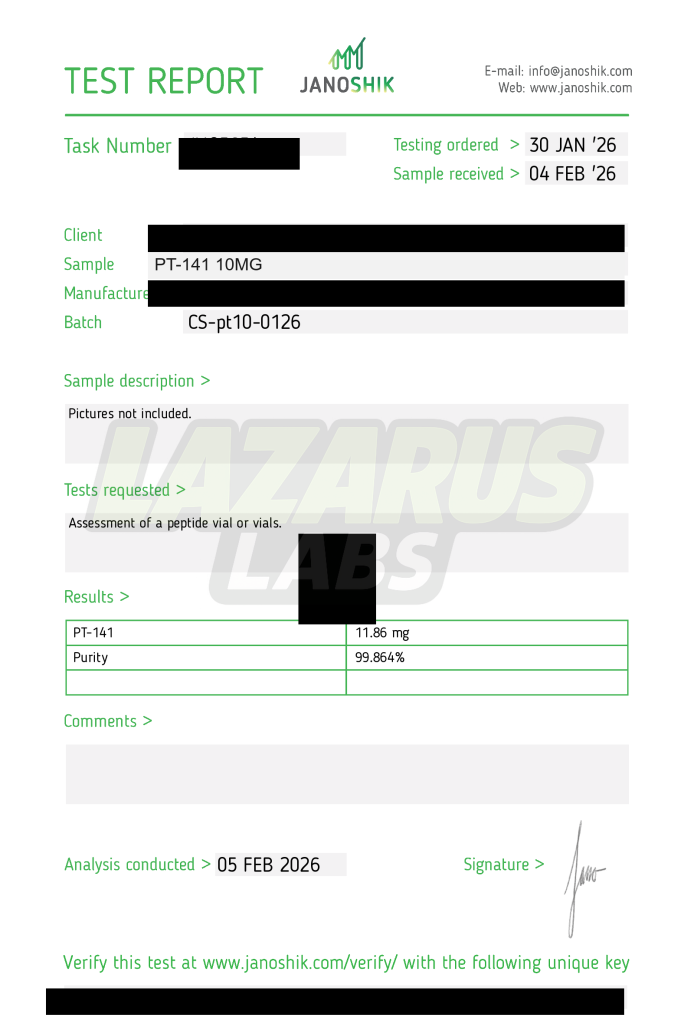 Certificate preview for PT-141 10MG, batch LL-PT141-0125.