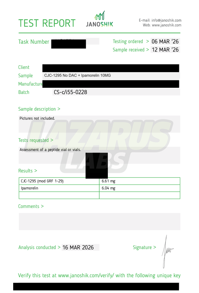 Certificate preview for CJC-1295 No DAC + Ipamorelin 10MG, batch LL-CJCIPA-0125.