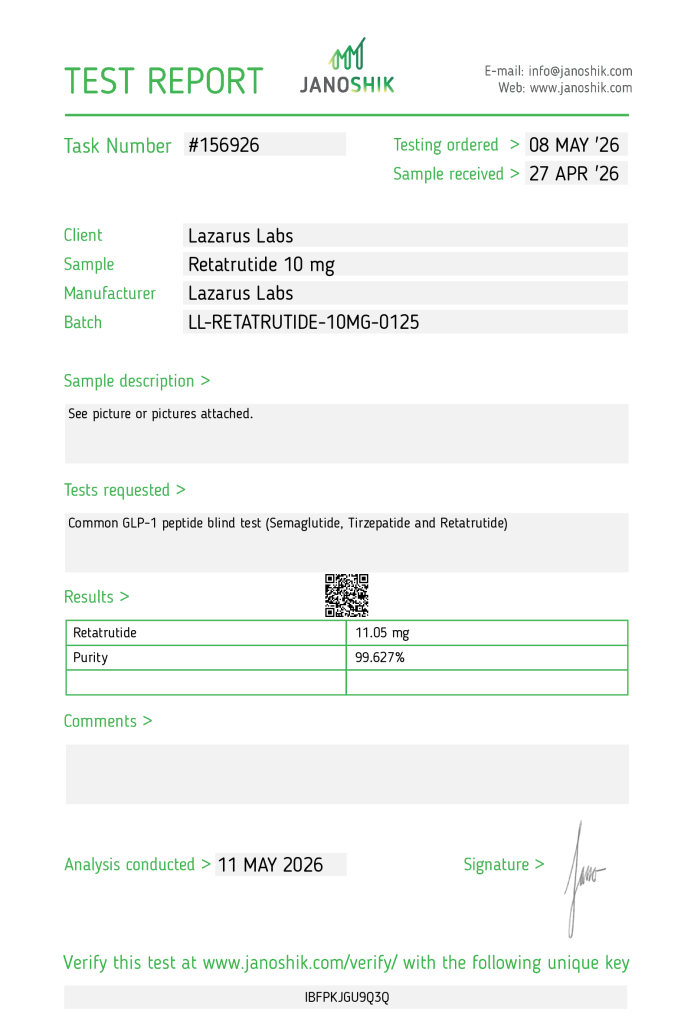 Certificate preview for Retatrutide 10MG, batch LL-RETATRUTIDE-10MG-0125.